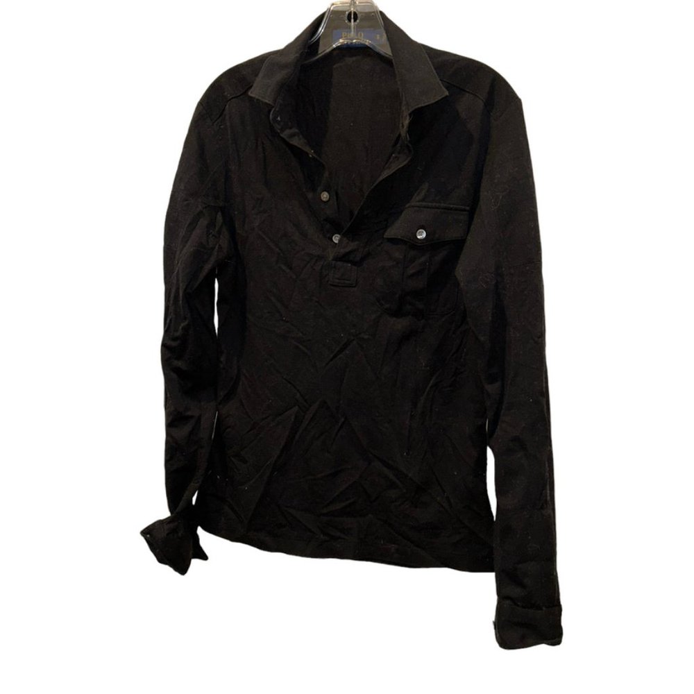 polo Ralph Lauren black single placard pique cotton long sleeved polo sh…